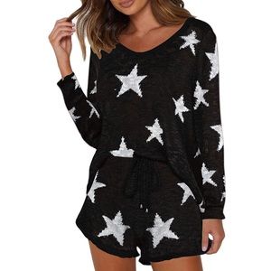2 Piece black & white star knit lounge set long sleeve sweater and shorts set
